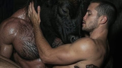 a sexy minotaur cradles a man