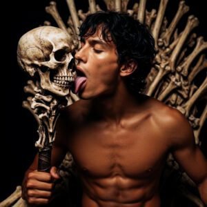 a shirtless man licking a skull